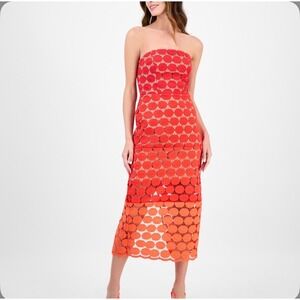 Red Orange Circle Lace Strapless Midi Dress Sheath Two Tone Geometric